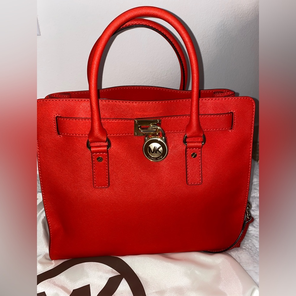 MICHAEL KORS HAMILTON MANDARIN RED SAFFIANO LEATHER GOLD EW SATCHEL BAG
